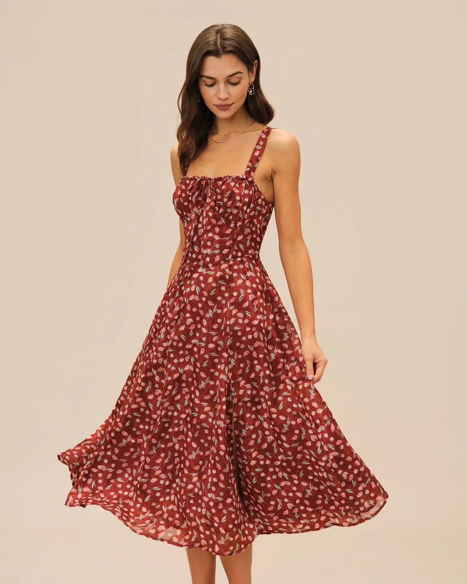 Wine Red Floral Slip Midi Dress | rihoas.com