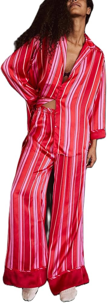 Womens Y2k Silk Pajama Sets Floral Print Long Sleeve Button Down Shirts Wide Leg Pants 2 Piece Lo... | Amazon (US)