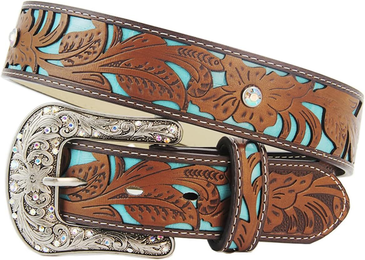 Western Belts for Women Men Cowboy Cowgirl Leather Engraved Belts for Jeans Dresses | Amazon (US)