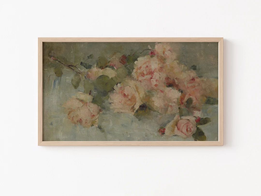 Frame TV Art File, Frame TV, Vintage Oil Painting, Pink Roses, Muted Colors, Neutral, Flower, Far... | Etsy (US)