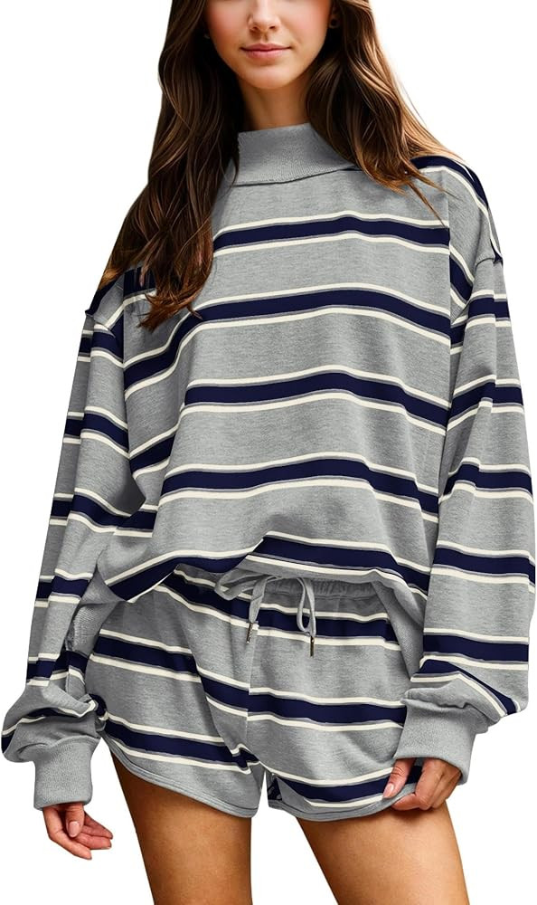 Women Striped Mock Neck Sweatshirt 2 Piece Outfits Oversized Pullover Elastic Waist Shorts Set Fall Lounge Set | Amazon (US)