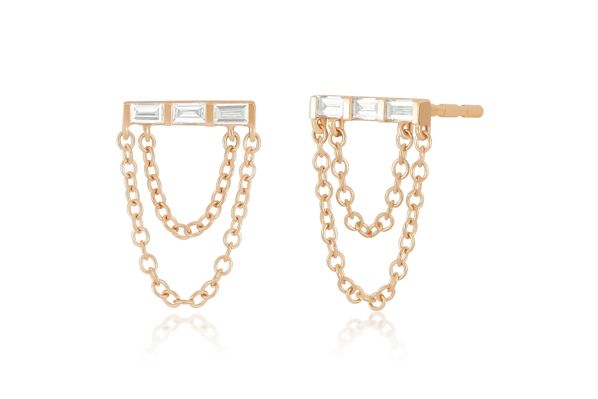 Diamond Baguette Double Chain Stud Earring | EF Collection