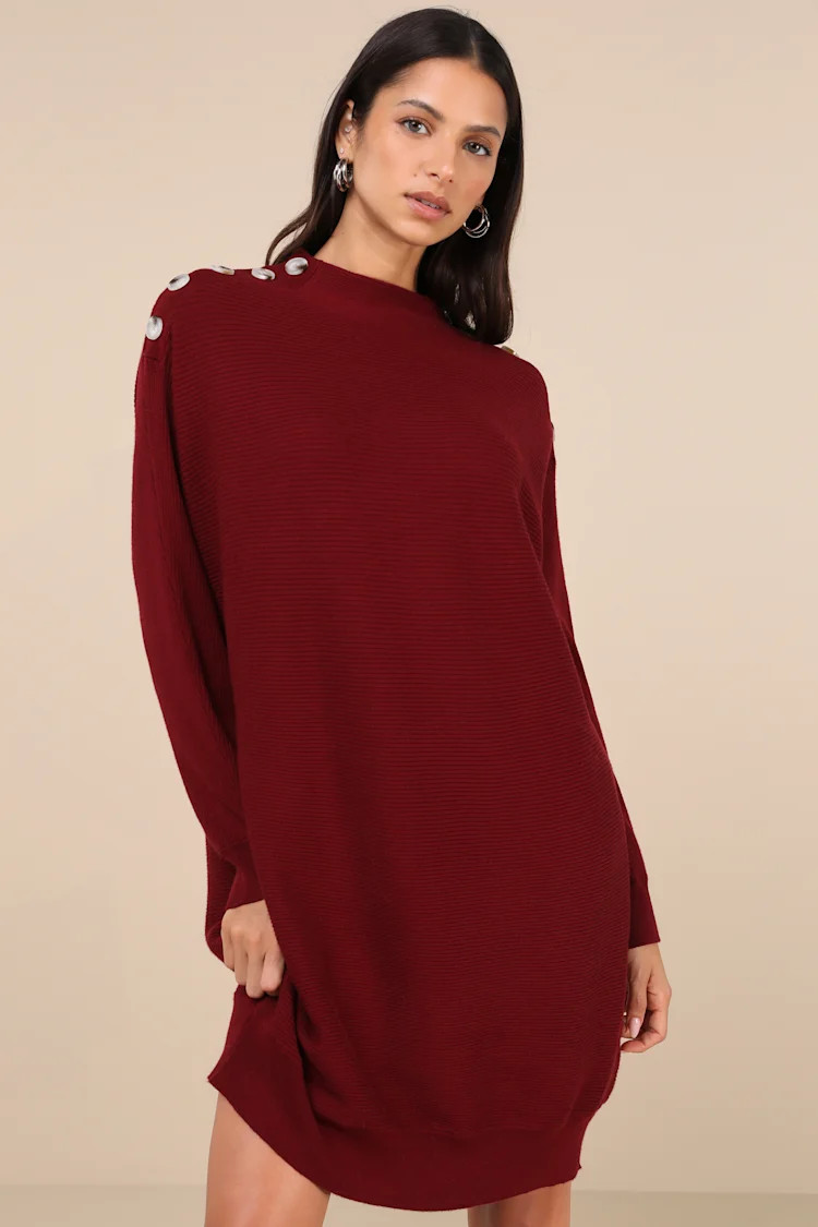 Cozy Stroll Wine Red Sweater Dress Red Christmas Dress Red Sweater Outfit Red Dress With Boots 2025 | Lulus