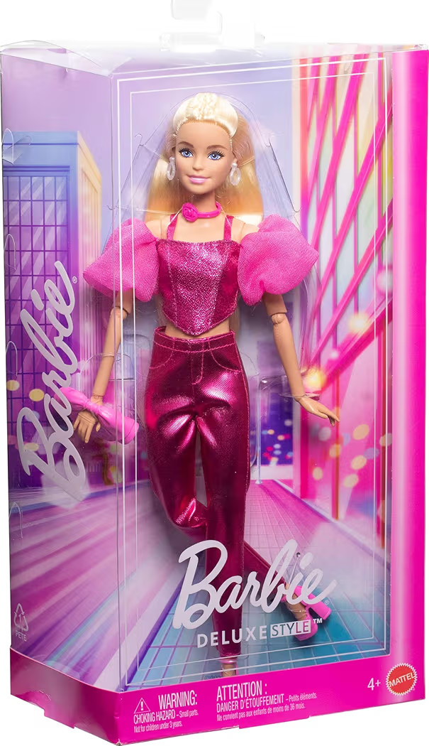 Barbie Deluxe Style Doll #5 in Metallic Pink Outfit, Blonde Hair, Sparkly Corset Top and Shiny Pants with Accessories Like Rose Necklace and Handbag | Amazon (US)