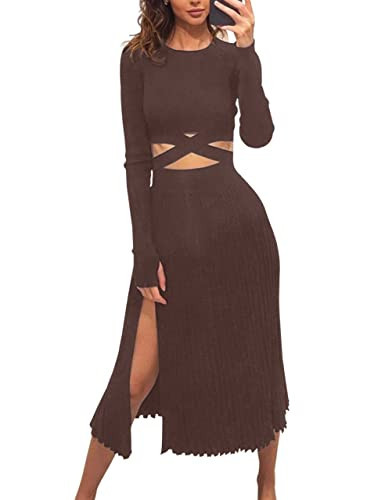 Meladyan Women 2 Piece Dress Outfits Sexy Knit Pleated Skirt Tie Back Long Sleeve Crop Top Shirt Sweater Two Pieces Set Coffee Brown | Amazon (US)
