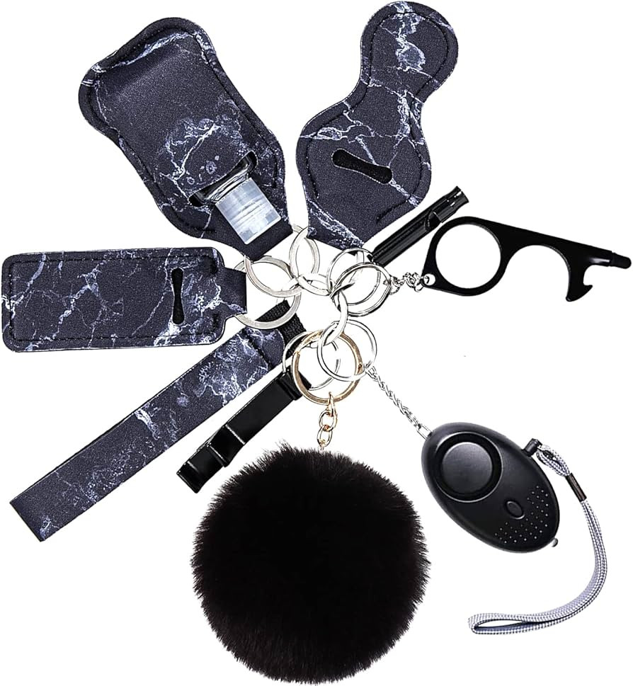 Safe Keychain Set for Girls with Personal Safety Alarm, Hand Sanitizer Holder, Whistle and Pom | Amazon (UK)