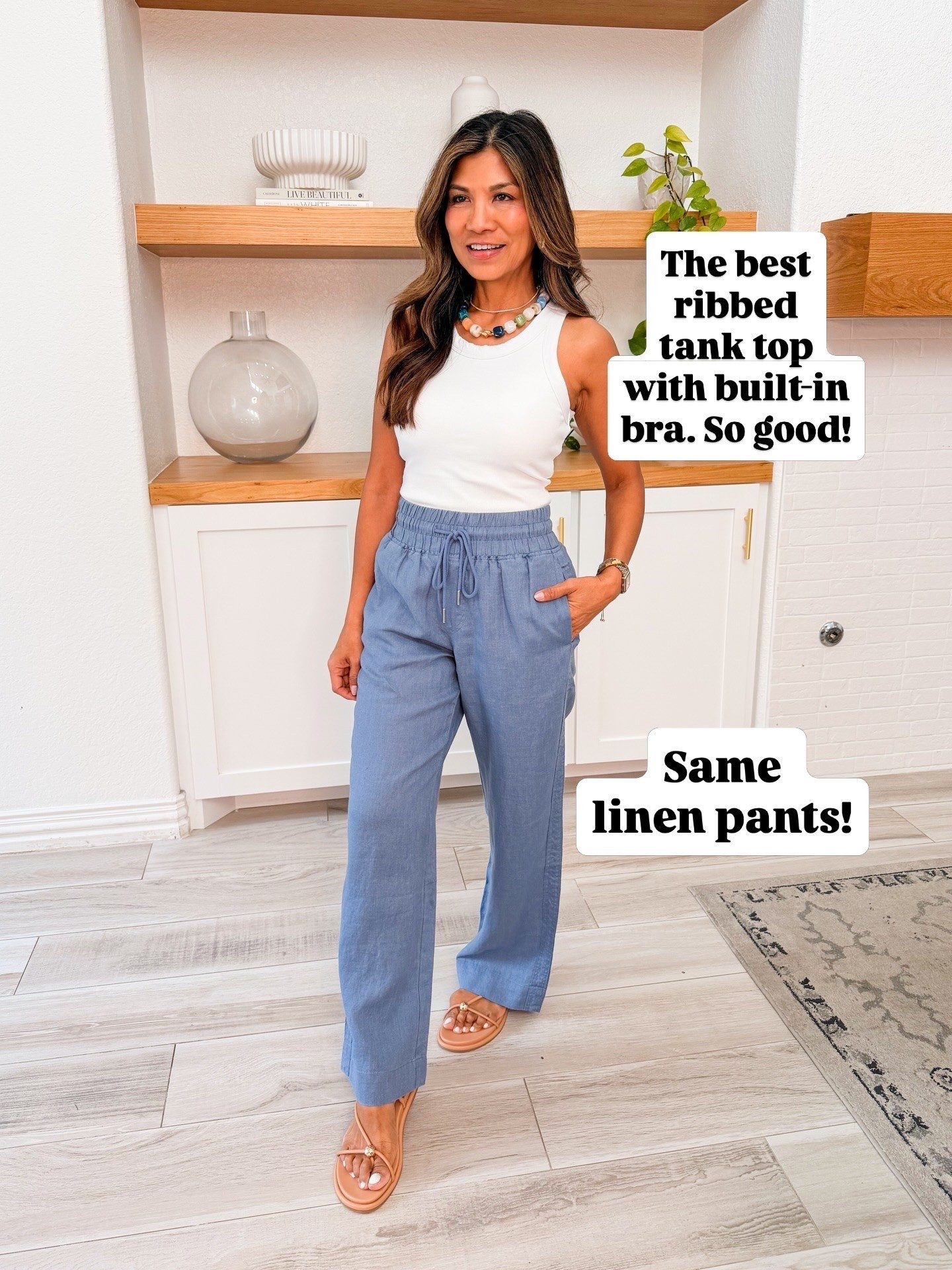 I’m 5’2” 118#ish for reference 
Ribbed tank top with builtin bra in small.
Linen pants with length options- wearing XS in 28” length here. I have the 30” length too and I like the longer one better.
Sandals tts
Summer outfit, over 50 style, midlife fashion, petite fashion,midlife women, affordable fashion, fashion over40

#LTKOver40 #LTKmomlife #LTKPetite