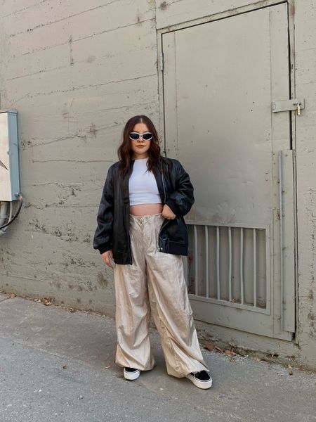 parachute pants, white crop top tee, 90's style, faux leather bomber jacket, platform sneakers, outfit inspo

#LTKstyletip #LTKfit #LTKsalealert