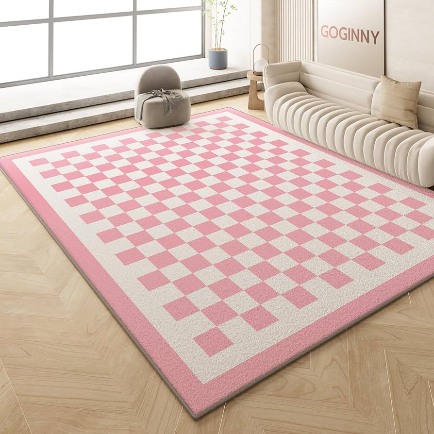 Washable 5x7 Checkered Area Rug for Living Room, Pink Checkerboard Modern Boho Large Rugs, Faux W... | Amazon (US)