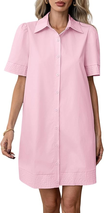 WOWULOVELY Womens Summer Short Sleeve Button Down Mini Shirt Dress Casual Lapel Collar Loose Beac... | Amazon (US)
