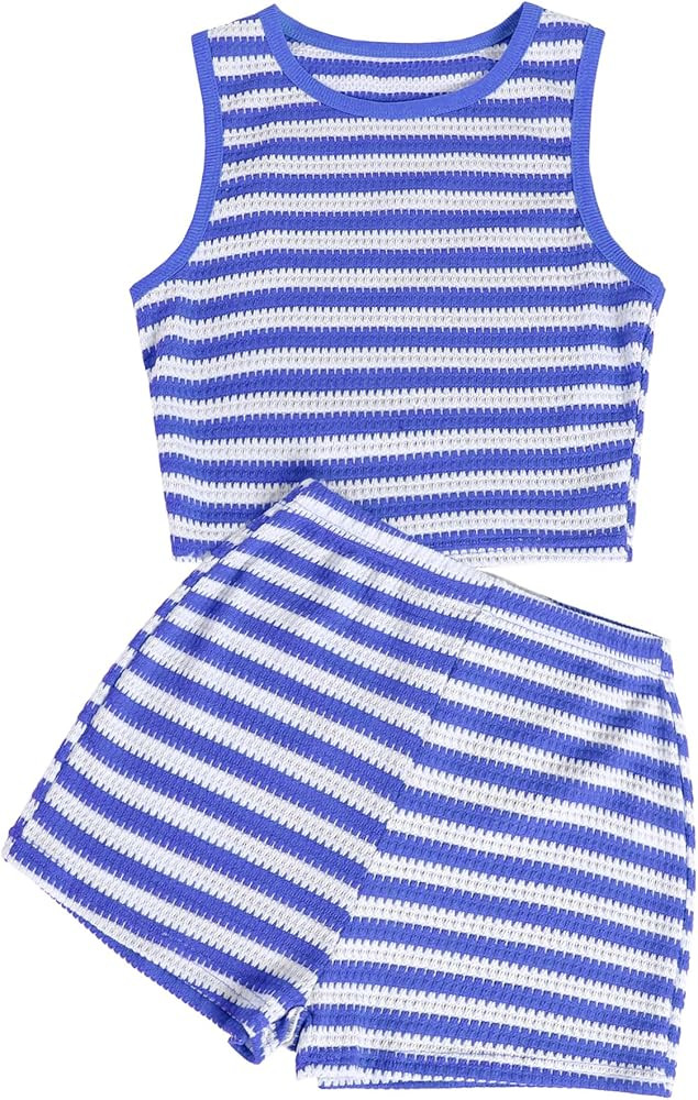 Hilinker Womens Crochet 2 Piece Short Sets Striped Sleeveless Crop Tank Top and Shorts Set | Amazon (US)