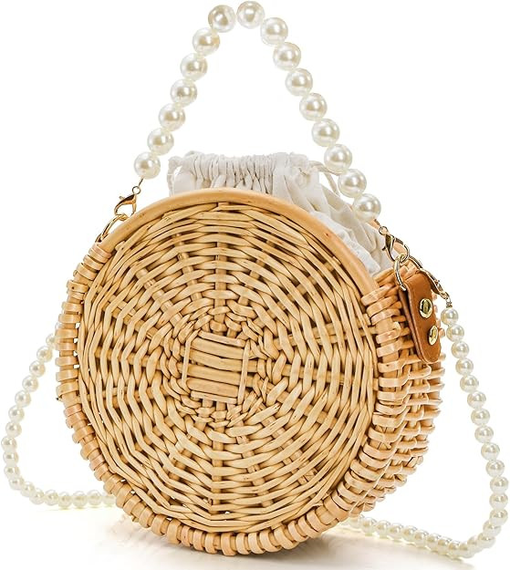 Eorbow Round Rattan Bag, 8" Hand-woven Wicker Basket Purse, Boho Crossbody Handbag With Pearl Str... | Amazon (US)