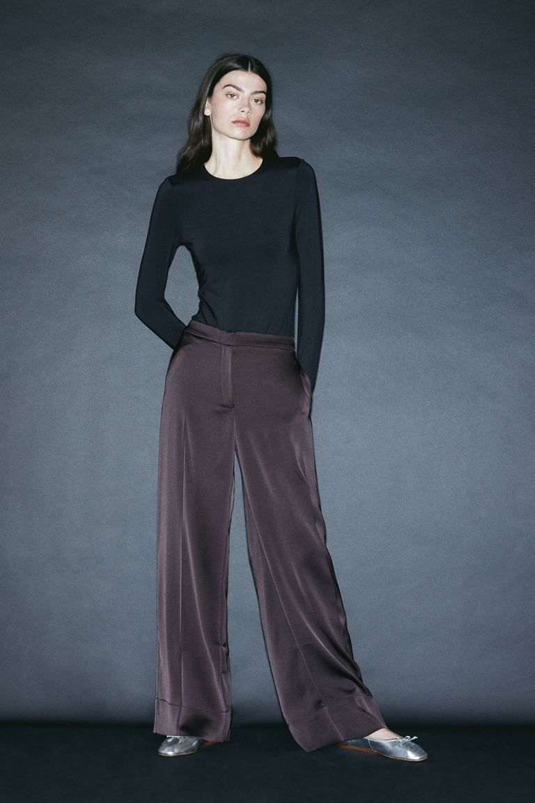 Wide-leg Satin Pants - Dark gray - Ladies | H&M US | H&M (US + CA)