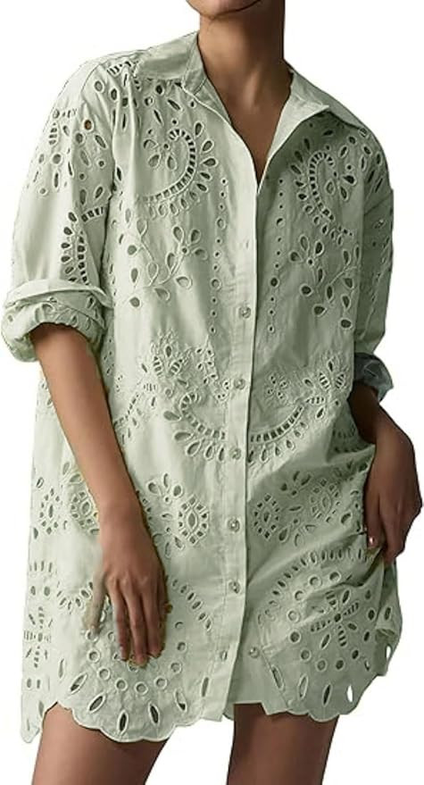 utcoco Women's Embroidered Eyelet Lace Shirt Dresses Button Down Shirts Casual Loose Fit Mini Dre... | Amazon (US)
