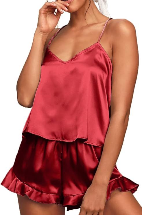 CHYRII Women's Sexy Silk Satin Ruffled Pajamas Sets Cami Shorts Sets Sleepwear | Amazon (US)