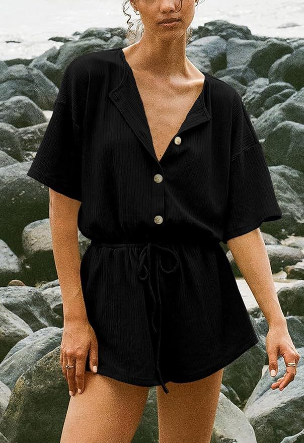 PRETTYGARDEN Button Up Oversized Summer Short Rompers for Women Dressy 2024 Elastic Waist Casual ... | Amazon (US)