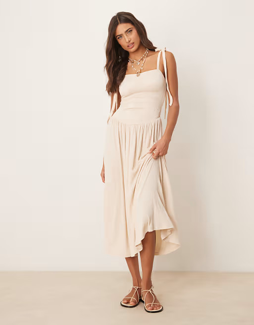 ASOS DESIGN crinkle shirred bodice tie strap cami midi sundress in stone | ASOS | ASOS (Global)