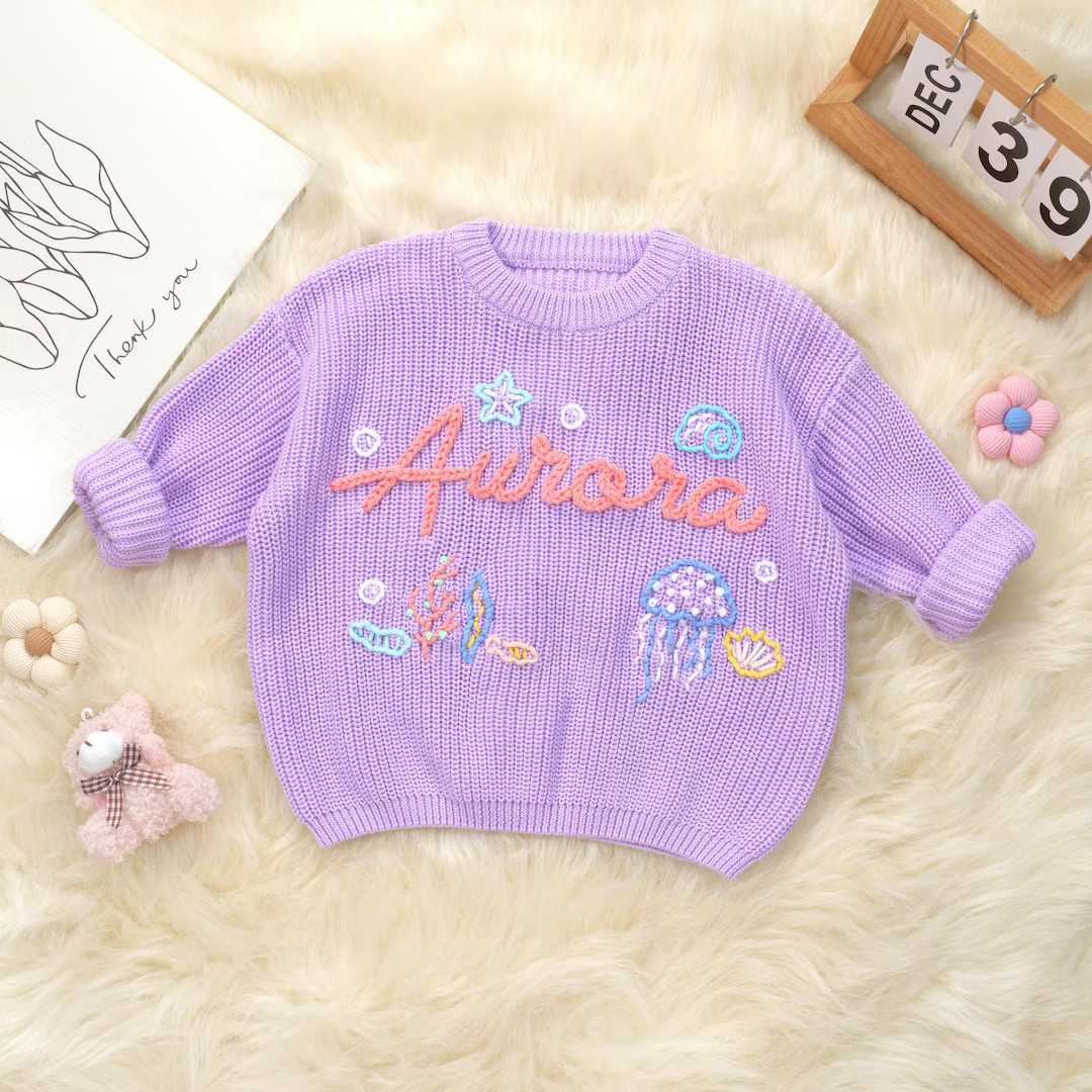 Custom Hand Knitted Mermaid Ocean Baby Name Sweater,cute Mermaid Baby Girl Jumper,personalized To... | Etsy (US)