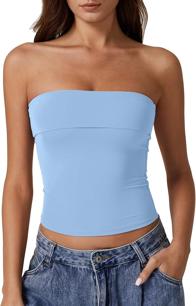 QINSEN Women's Tube Tops Strapless Bandeau Tops Double Lined Slim Fit Summer Going Out Tank Tops | Amazon (US)