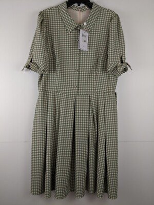 NEW Gal Meets Glam Collection Dress 18 Green Beige Gingham Fit Flare Mid Pleated  | eBay | eBay US