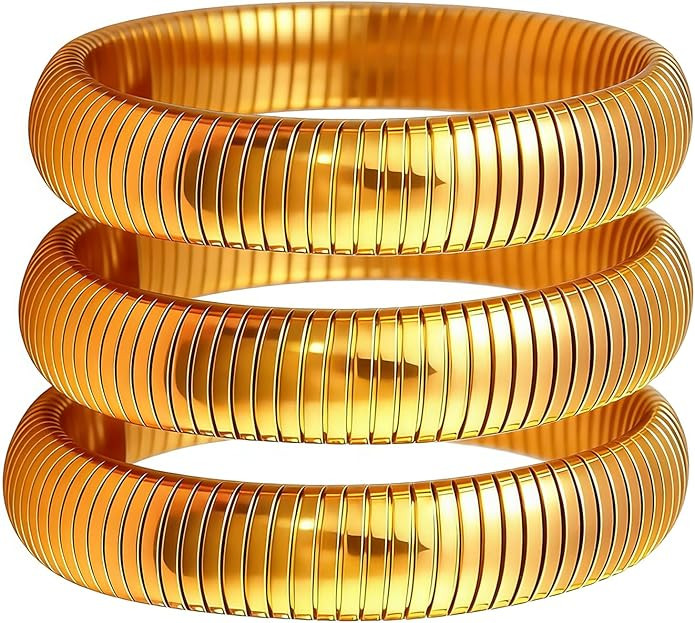 Gold Bangles for Women Set of 3 Chunky Stretch Bangles Bracelets 24K Gold Plated Stainless Steel ... | Amazon (US)