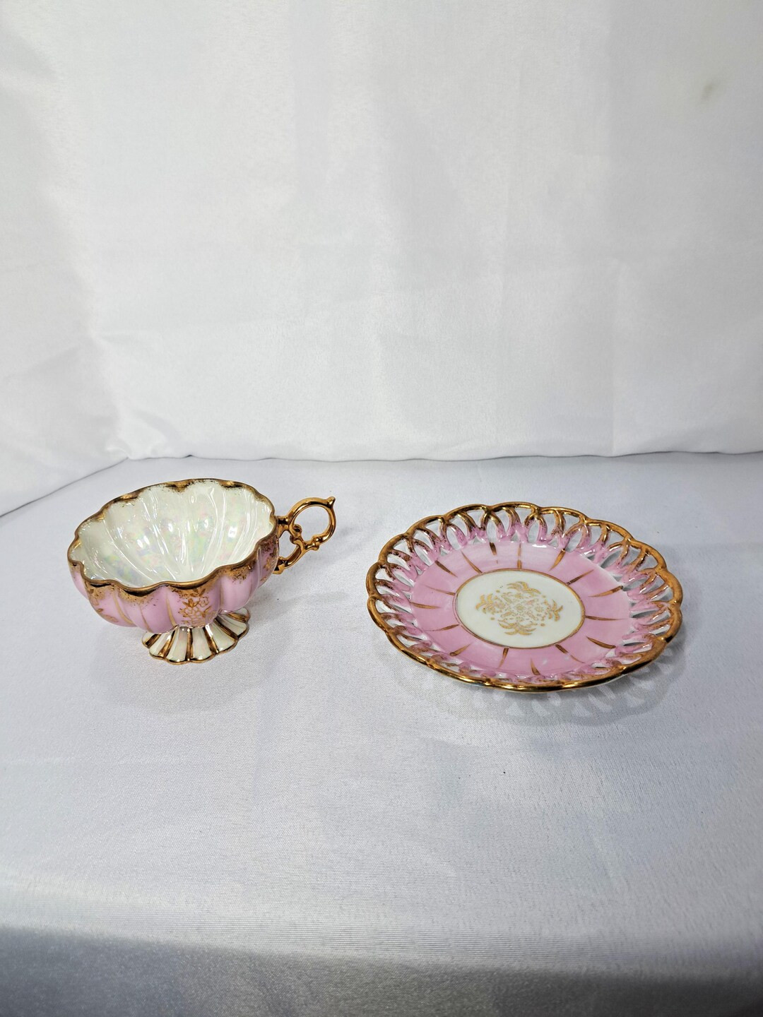 Vintage Pink Lustreware Teacup & Saucer | Iridescent Gold Trim | Reticulated Plate | Mid Century ... | Etsy (US)