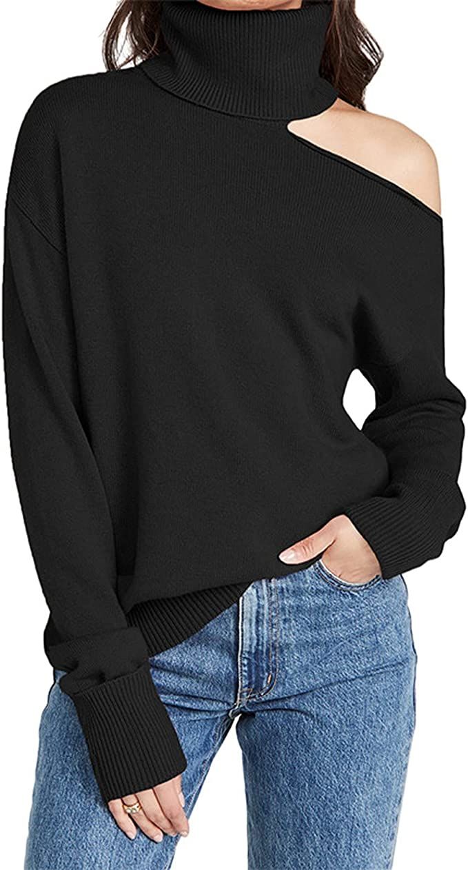 Women Off Shoulder Sexy Knitwear,Autumn and Winter Turtleneck Sweater Pullover Top | Amazon (US)