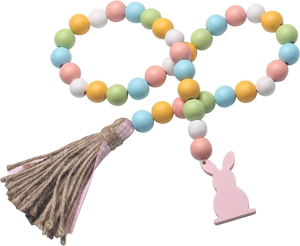 Spring Wood Bead Garland with Tassels and Bunny Tag Farmhouse Rustic Colorful Wooden Beads for Ti... | Amazon (US)