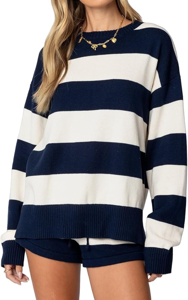 NUFIWI Women Striped Knit Sweater Set 2 Piece Outfit Oversized Long Sleeve Sweater and Shorts Mat... | Amazon (US)