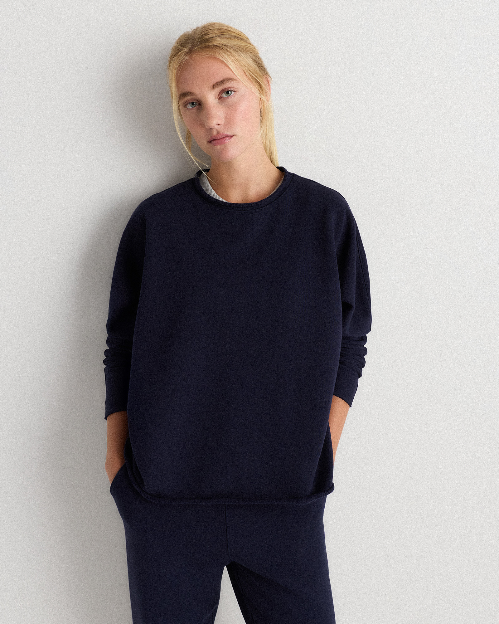 Quince | Women's Organic French Terry Crew Neck Alpaca Sweater in Deep Navy, Size Small, Organic Cotton | Quince