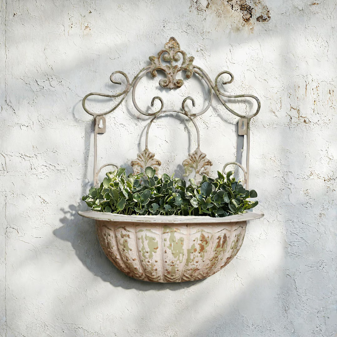 Vintage Wall Planter, Rustic Iron Hanging Flower Pot, French Country Garden Decor, Distressed Met... | Etsy (US)