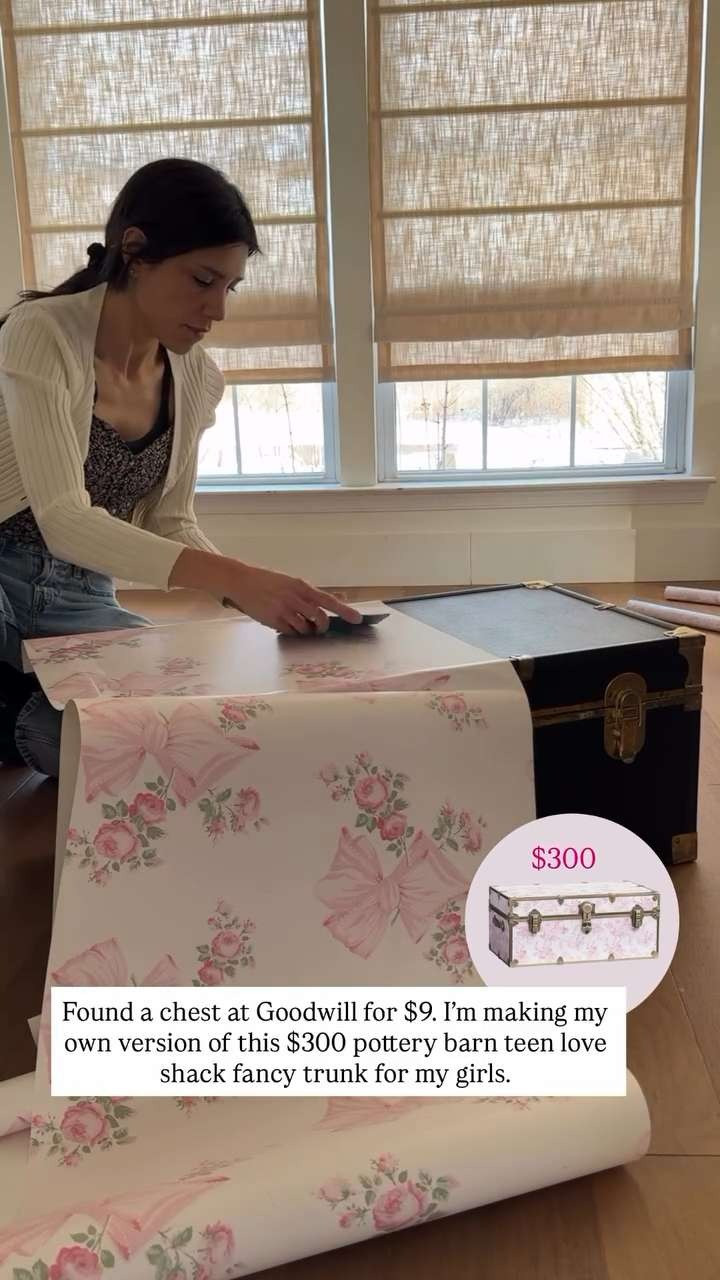 Goodwill flip ✨ I covered this thrifted trunk with light pink peel-and-stick wallpaper to create a LoveShackFancy inspired storage chest for my daughter’s room. The coquette vibe makes it perfect for storing dress-up clothes, blankets, or little treasures.

Linked similar peel & stick wallpaper, trims, and tools to recreate this look.

#ltkhome #ltkstyle #ltkdecor #thriftflip #goodwillfind #diydecor #girlsroomdecor #coquetteaesthetic #pinkdecor #peelandstickwallpaper #loveshackfancystyle #budgetfriendlydecor #romanticdecor 

 