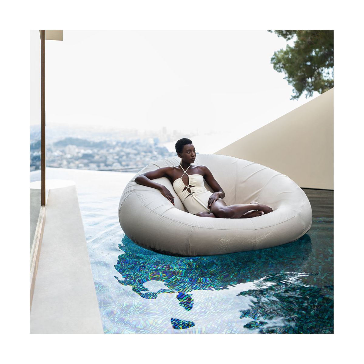 California Sun Cucciolo Round Luxury Inflatable Fabric Sun Lounger Pool Float Chaise (Beige) | Target