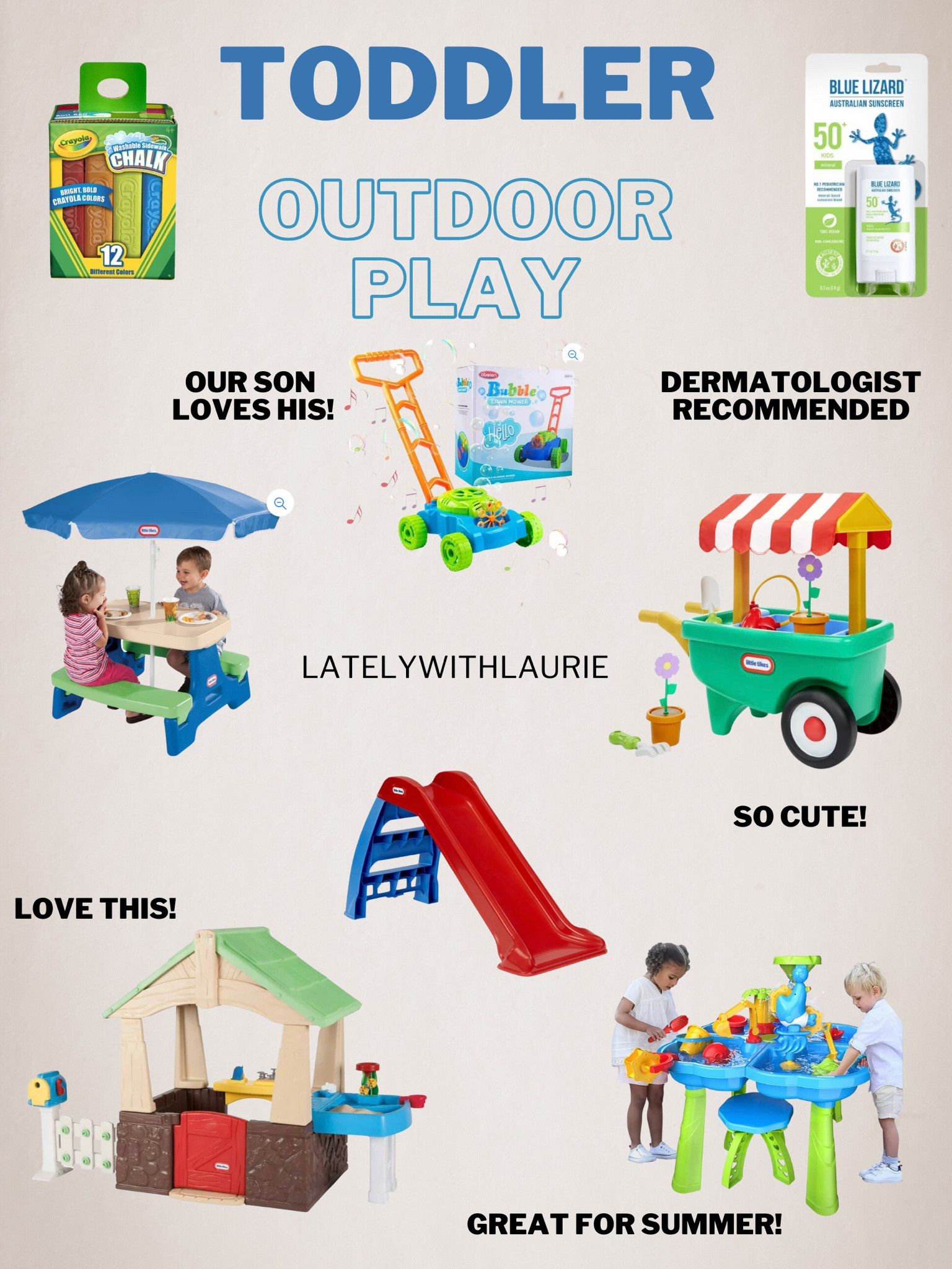 It's summer and kids need activities! These outdoor toys are perfect for your toddlers and little kids! The sensory water play table is perfect for summer! My son loves his bubble blowing lawn mower. How cute is the garden table?! We love Blue Lizard sunscreen! 

#LTKfamily #LTKkids #LTKbaby