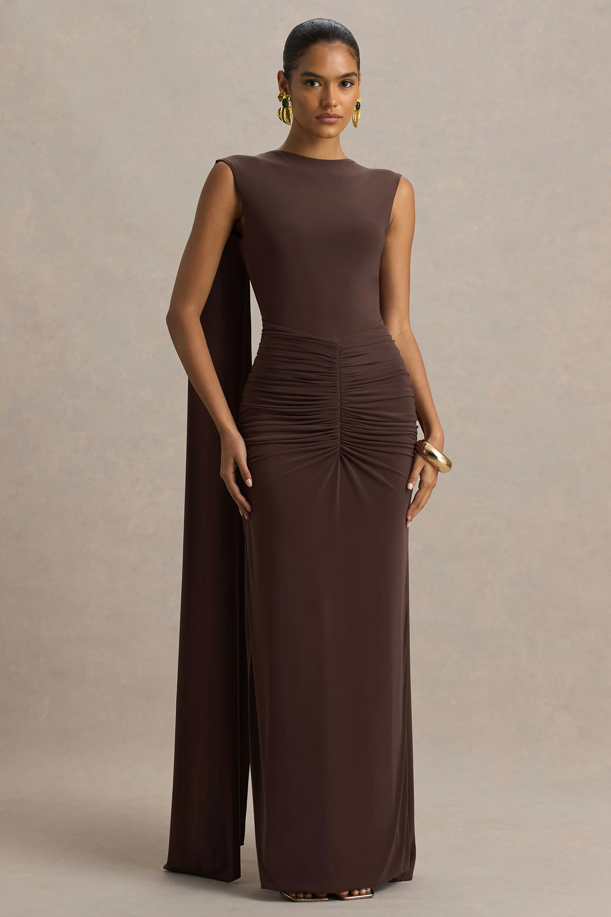 Premiere | Brown Boat-Neck Maxi Dress With Cape Sleeves And Open-Back | Club L London