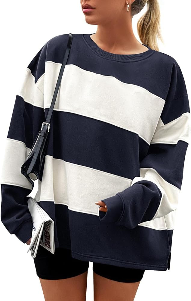 ZESICA Women's Fall Sweatshirt Tops Crewneck Long Sleeve Loose Oversized Striped Fleece Pullover ... | Amazon (US)