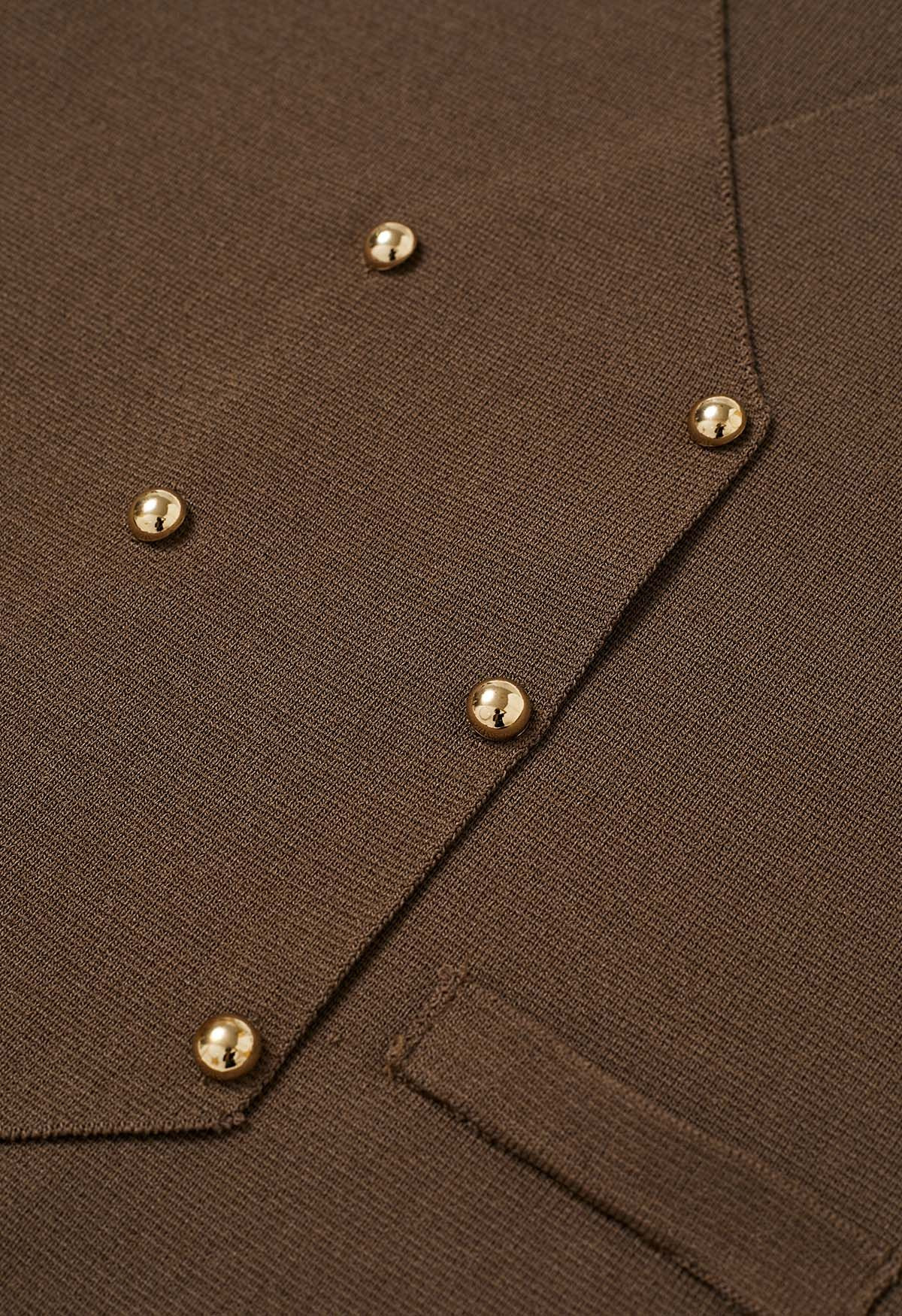 Asymmetric Hem Double-Breasted Knit Vest in Brown | Chicwish