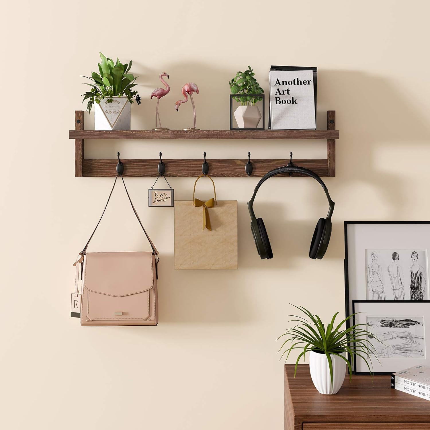Amazon.com: AMBIRD Wall Hooks with Shelf 28.9 Inch Length Entryway Wall Hanging Shelf Wood Coat H... | Amazon (US)