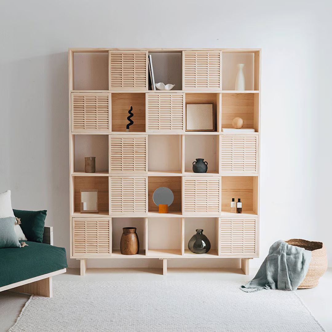 Bookshelf Xelida - Handmade from Solid Pine Wood with Sliding Lattice Doors for Living Room | Etsy (US)