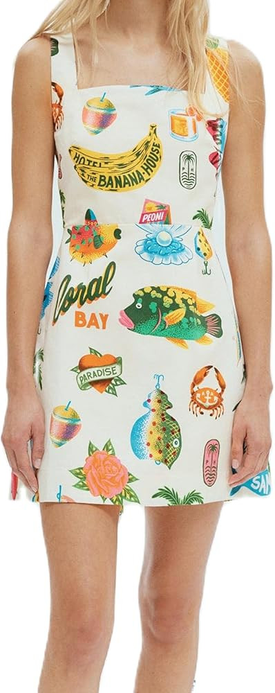 NUFIWI Women Boho Graffiti Cami Mini Dress Spaghetti Strap Printed A Line Short Dress Backless Cu... | Amazon (US)