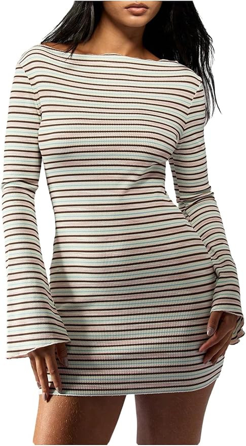 SweatyRocks Women's Bell Long Sleeve Striped Mini Dress Boat Neck Ribbed Knit Bodycon Dresses | Amazon (US)