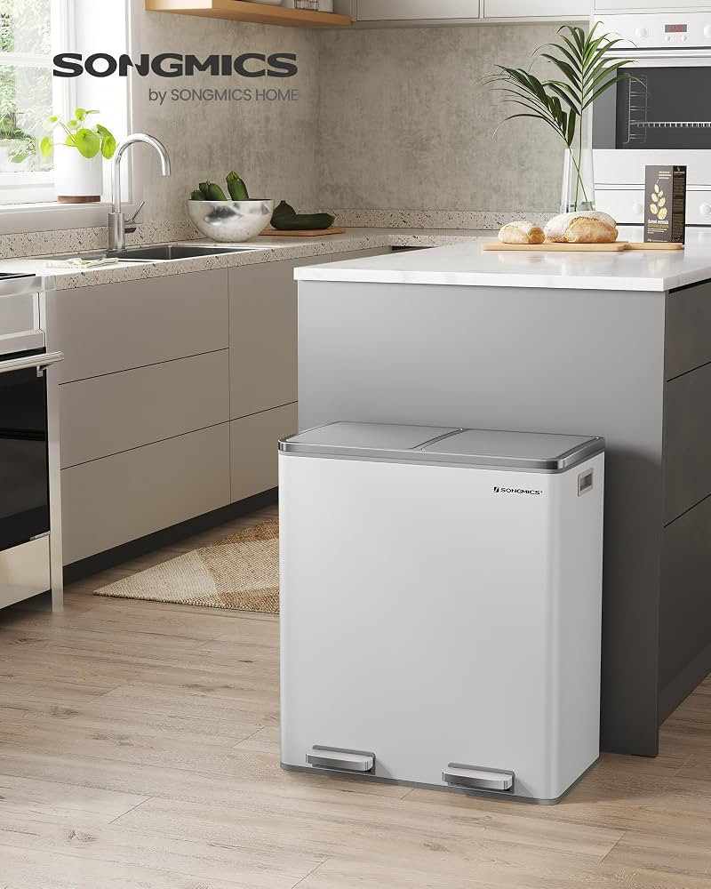 SONGMICS Trash Can, 2 x 8 Gallon (2 x 30 L) Garbage Can for Kitchen, with 15 Trash Bags, 2 Compar... | Amazon (US)