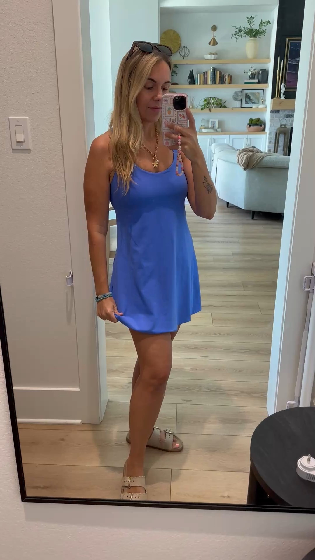 Walmart has the best active dresses right now! Shorts, pockets, built in bra, and easy potty access! Runs TTS. This is a medium.