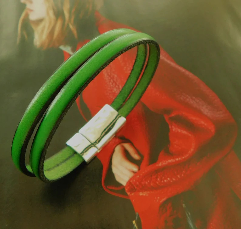 Leather Bracelet for Women. Custom Size Bracelet. Handmade and Custom Leather Bangle. Green Leath... | Etsy (US)