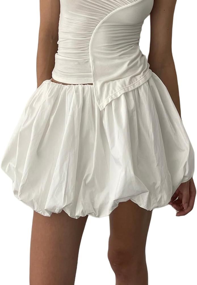 Women Bubble Skirt Y2k Ruffle Hem Mini Puffy Balloon Skirts Fairy Cute Streetwear | Amazon (US)