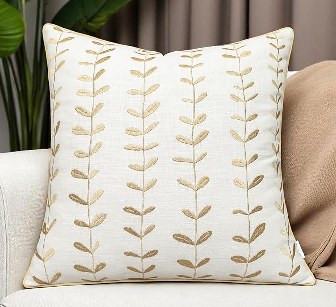 VAGMINE Embroidered Botanical Throw Pillow Cover 18x18 – Ivory Cotton Square Accent Cushion for... | Amazon (US)