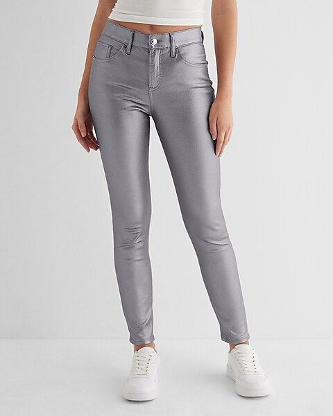 Mid Rise Gray Metallic Coated Skinny Jeans | Express