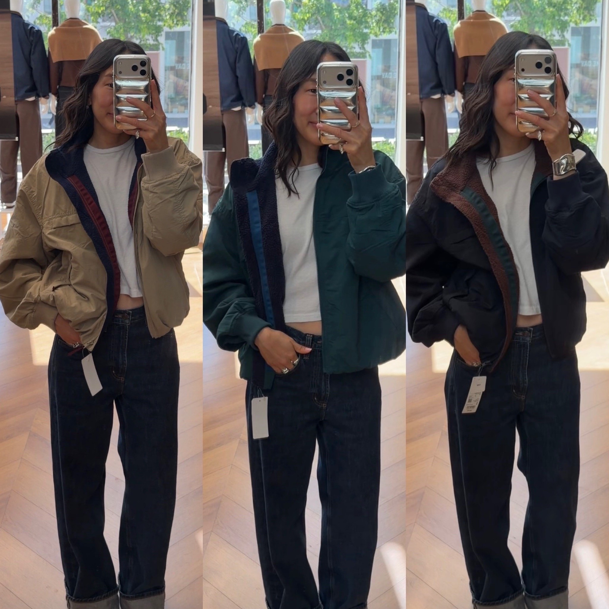 Small in jackets- xs (my true size) fit well too but I liked the oversize of the small and since it has cords you can cinch the bottom so it balances out the oversize! Check ur local Uniqlo if u want the khaki!
