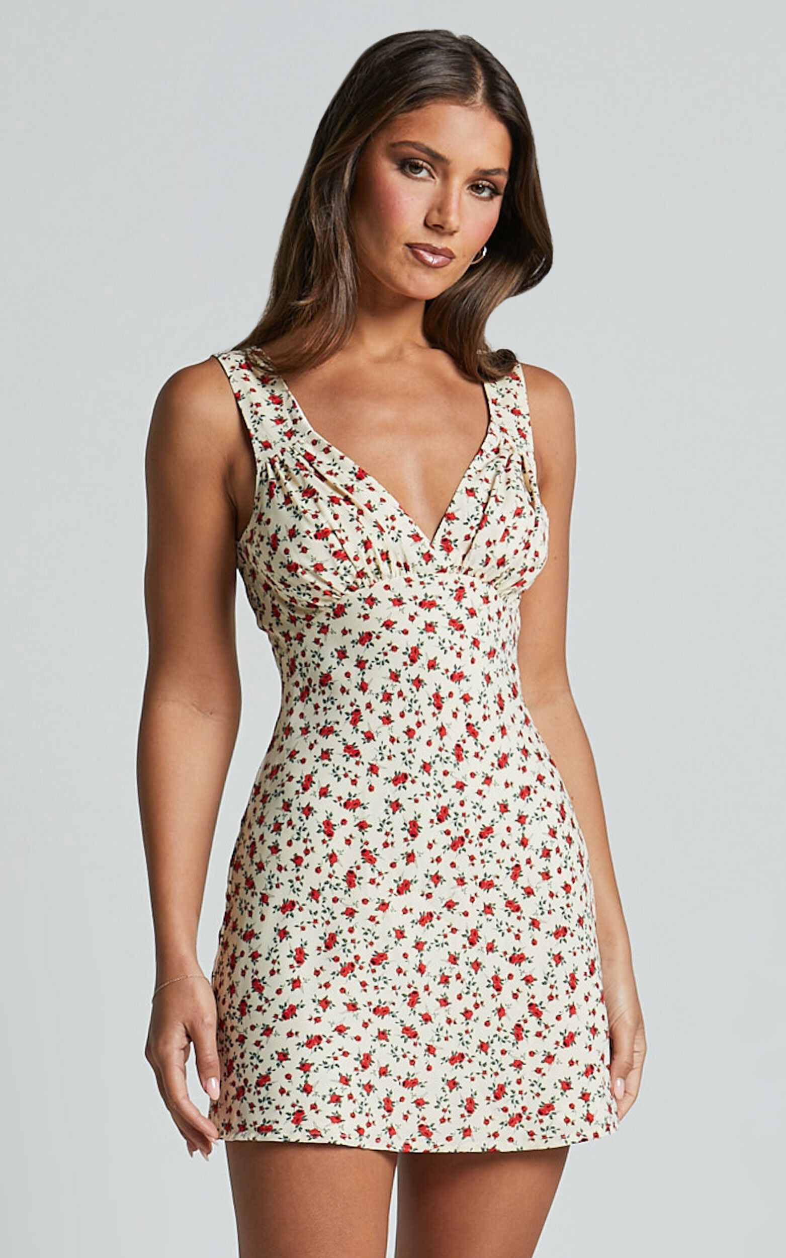 Amalea Mini Dress - Wide Strap Ruched Bust Dress in Red Floral | Showpo (US, UK & Europe)