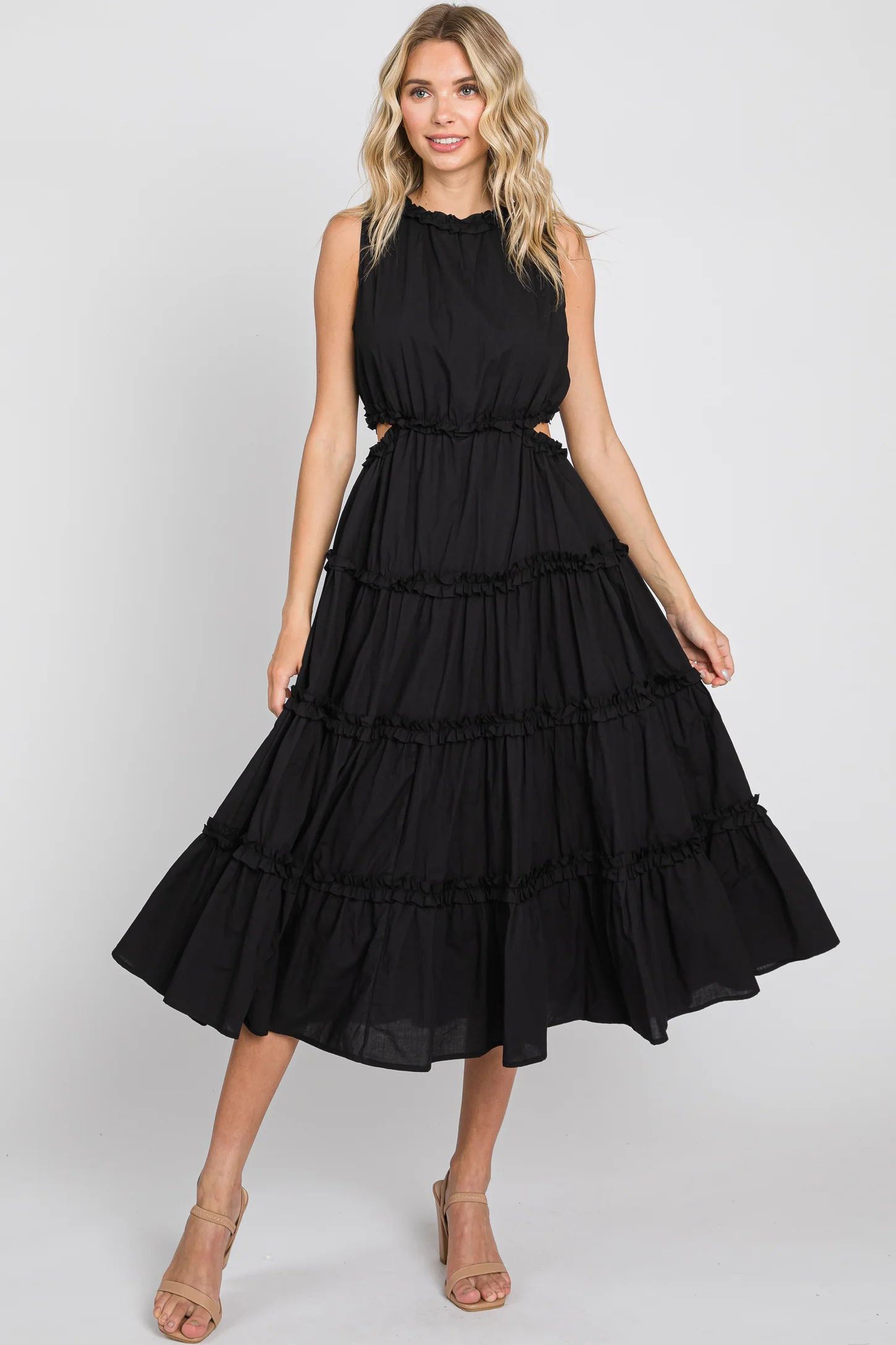 Black Tiered Ruffle Cutout Midi Dress | PinkBlush Maternity